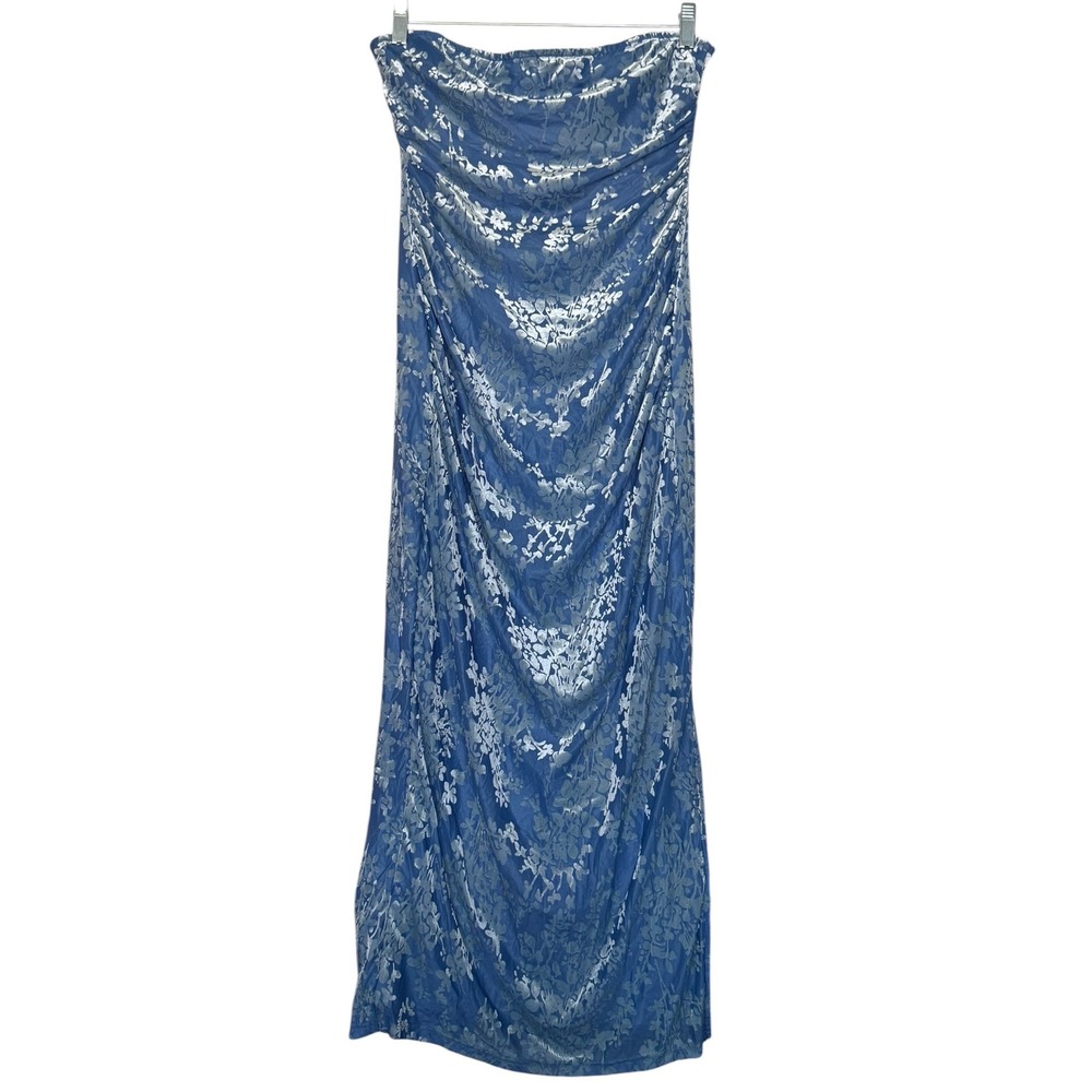 Blue Floral Burnout Velvet Strapless Ruched Midi Dress L 90's Coquette